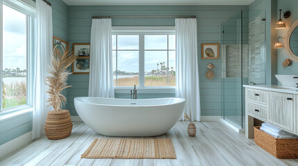 Fototapeta premium Coastal Bathroom with Seafoam Green Walls, Freestanding Tub, Nautical Decor, and Light Airy Tones 