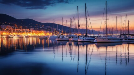 Obraz premium Serene Sunset at the Marina: A Symphony of Lights and Sails