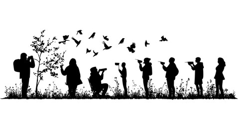 Birdwatchers monitoring feeders daily, noting seasonal changes in species and behaviors, Digital Art