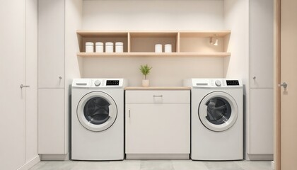 Scandinavian Style - Interior Design Laundry Room With Scandinavian Concept - Hotel Laundry Room - Apartment Laundry Room Interior With Washing Machine - Interior Design