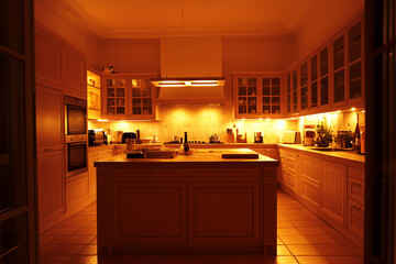 A cozy kitchen with wooden cabinets, a central island, and warm lighting