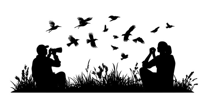 Enthusiasts attending birdwatching festivals focused on tracking rare bird sightings, Digital Art