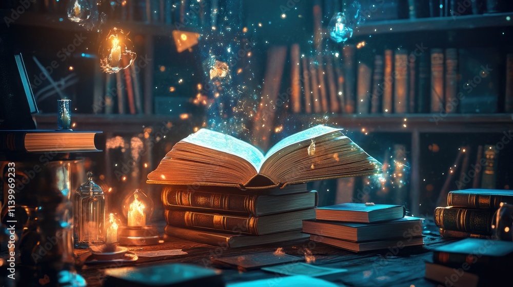 Poster magical book glows with enchanting light in library setting