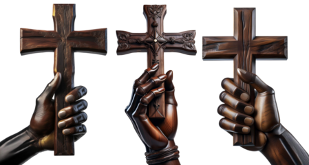 Extreme close-up of ebony wood hand holding a small wooden religious cross, isolated on transparent or white background with copy space. Png. Collection and variation. Generative Ai.