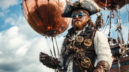 Fototapeta premium Steampunk Pirate Awaits Airship Voyage Adventure