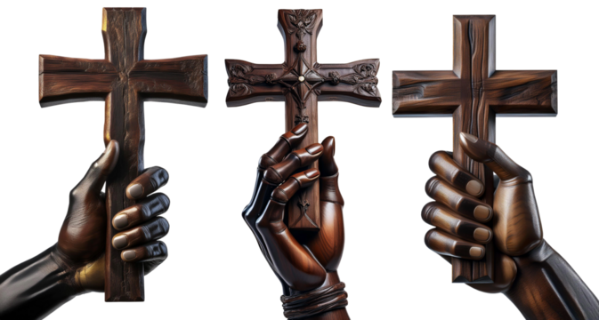 Extreme close-up of ebony wood hand holding a small wooden religious cross, isolated on transparent or white background with copy space. Png. Collection and variation. Generative Ai.