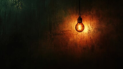 Glowing Vintage Lightbulb Against Dark Textured Wall