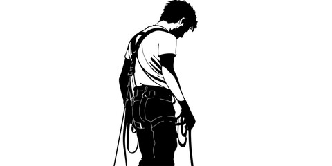 Individual checking harness attachments before stepping onto a bungee jumping platform, Digital Art