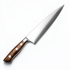 Obraz premium A sleek chef's knife with a long stainless steel blade and a wooden handle on a white background 