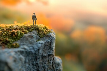 A miniature figure stands on a mossy cliff, overlooking a vibrant sunset landscape.