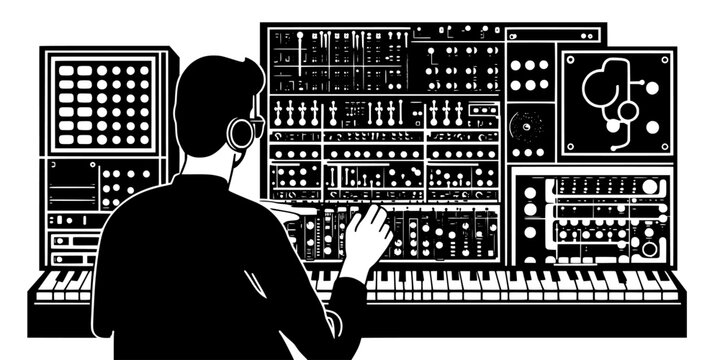 Person creating sound patches on a modular synthesizer in a studio, Digital Art