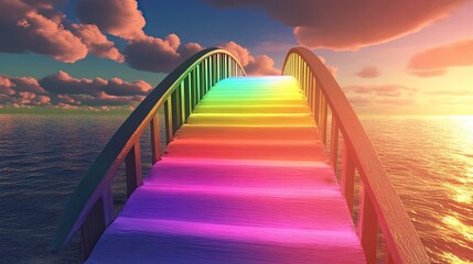 Fototapeta premium Rainbow Steps Bridge Over Ocean Sunset
