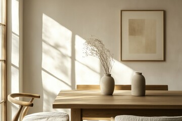 Sunlit minimalist dining room with beige decor, wooden table, and dried flowers in vases.