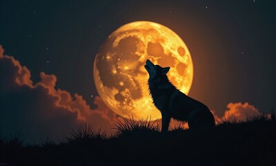 Wolf silhouette howling pose full moon golden orange