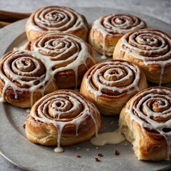 A plate of freshly baked cinnamon rolls with icing drizzled on top.