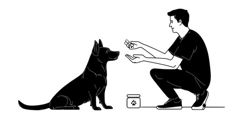 Trainer teaching a dog to jump over arms as part of a trick sequence, Digital Art