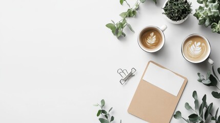 Coffee and Paper on a White Background with Plants