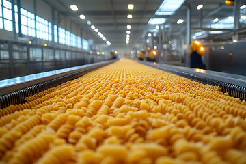 A modern food industry facility producing pasta, showcasing automated machinery, conveyor belts with pasta shapes, and workers in hygienic uniforms in a clean, organized environment.

