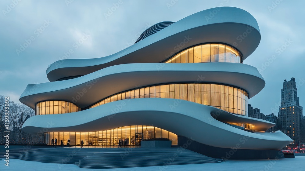 Poster modern architectural building with illuminated windows at dusk