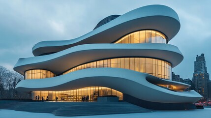Modern Architectural Building with Illuminated Windows at Dusk