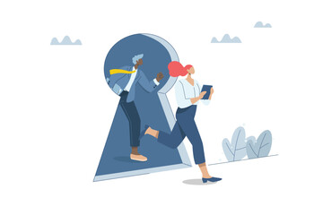 Unlocking the solution, Discovering key business opportunities, Business teams are running out of keyhole doors, Keys to Career and Business Potential, Flat vector design illustration.