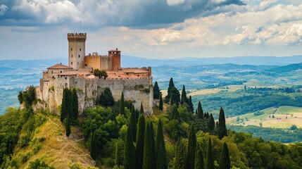 Obraz premium Majestic Castle on Hilltop Overlooking Serene Tuscan Landscape