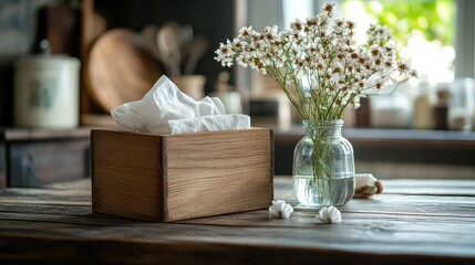 Handcrafted wooden napkin box with soft tissues on a rustic table, adding charm to a country-style kitchen.