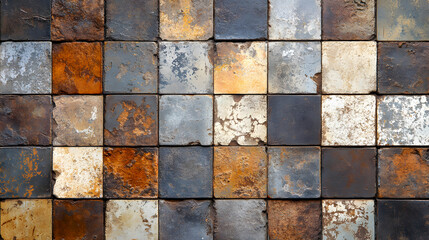 Fototapeta premium A worn, vintage patchwork motif of tiles and stone textures on a gray and brown background.