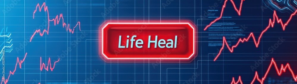 Poster life heal is bold visual design featuring dynamic graphs and vibrant red button. futuristic elements