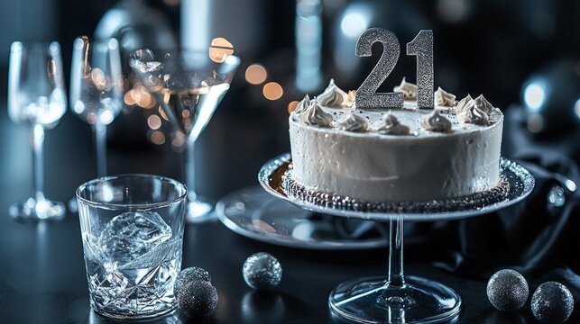 A 21st birthday cake is on a table with a glass of wine and a martini glass - Powered by Adobe