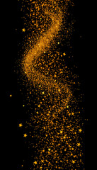 Fototapeta premium Golden sparks, gold powder, dust, magic Christmas and New Year glittering stars swirl on black background, backdrop with flying sparkling gold, holiday magic glowing lights. Abstract blinking glitte