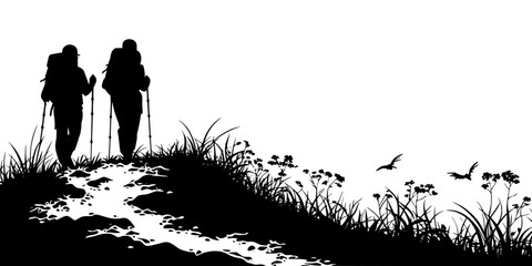 Pair of hikers navigating a forested trail wearing sturdy hiking shoes, Vectorized Art