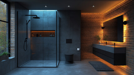 Industrial Bathroom with Exposed Brick Walls, Steel Pipes, Concrete Floor, and Matte Black Fixtures
