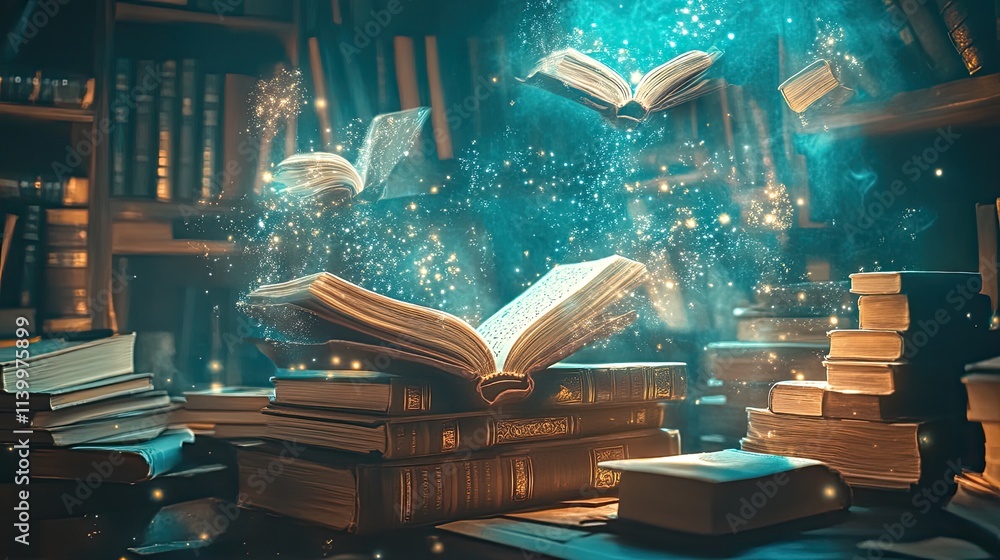 Poster magical books float in enchanting library setting