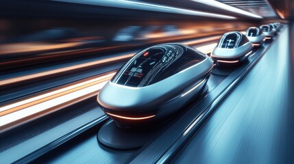Futuristic Pods Traveling Through A High Speed Tunnel