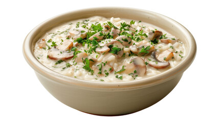 Creamy mushroom risotto garnished with fresh herbs in a bowl