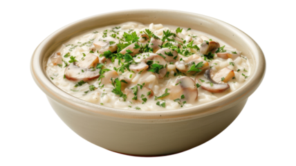Creamy mushroom risotto garnished with fresh herbs in a bowl