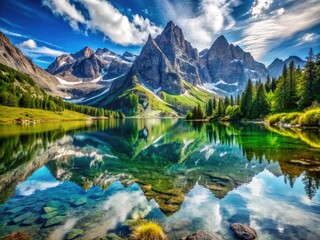Fototapeta premium Alpine lake's tranquil reflection, a macro photography masterpiece showcasing nature's serenity.