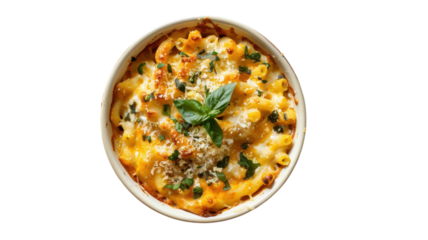 Delicious baked pasta topped with fresh herbs showcases culinary artistry from a cozy kitchen setting