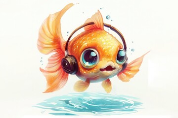 Illustration of cute golden fish wearing headphones isolated in white background