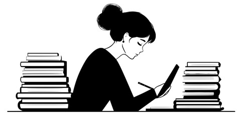 A person studying vocabulary by reading from a language flashcard set, Vectorized Art
