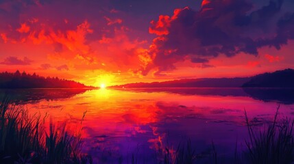 Naklejka premium Fiery Sunset Over Calm Lake and Silhouetted Trees