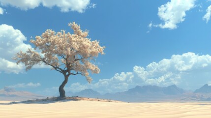 Solitary White Blossom Tree In Desert Landscape