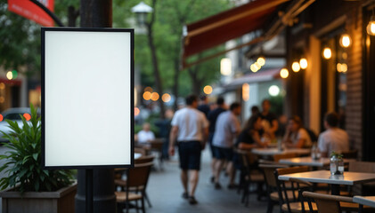 Fototapeta premium Small Mockup Billboard for Menu, Restaurant, Cafe, Dinner, Pedestrians in the City, Blurred Background on Wooden Table, Outdoor with Sunset Light