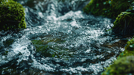Clear Flowing Stream with Bubbles and Green Mossy Surroundings