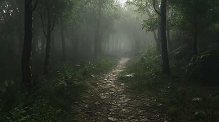 Fototapeta premium Misty Forest Path Winding Through Ancient Woods