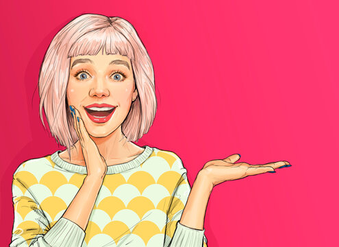 Amazed smiling young woman showing product in comic style. Advertising design of beautiful girl presenting something.
A lady in sweater holds an object in her palm.
mockup for shop sale