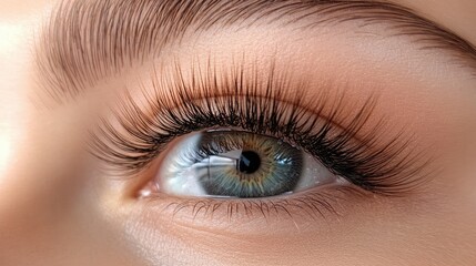 Fototapeta premium Macro view of an eye with feathery lash extensions, reflecting light and emphasizing a clean and professional finish.