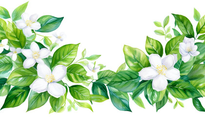 Soft Jasmine Petals and Lush Green Leaves Watercolor Border for Save the Date Designs