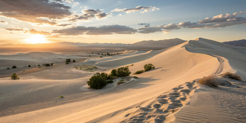Sunset over Pristine Desert Dunes with Soft Sand Textures